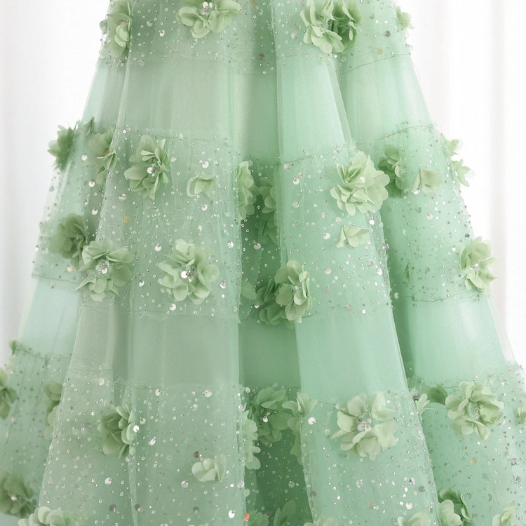 Vestido de Festa Longo Verde com Flores 3D