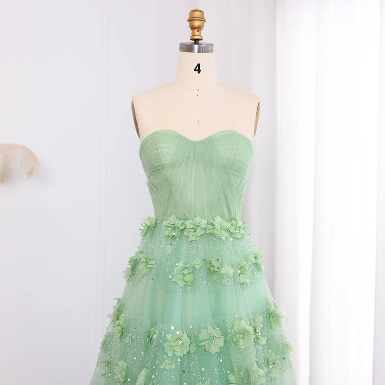 Vestido de Festa Longo Verde com Flores 3D