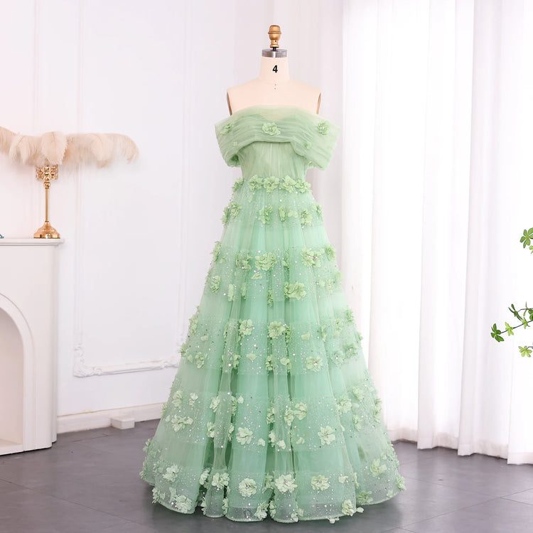 Vestido de Festa Longo Verde com Flores 3D