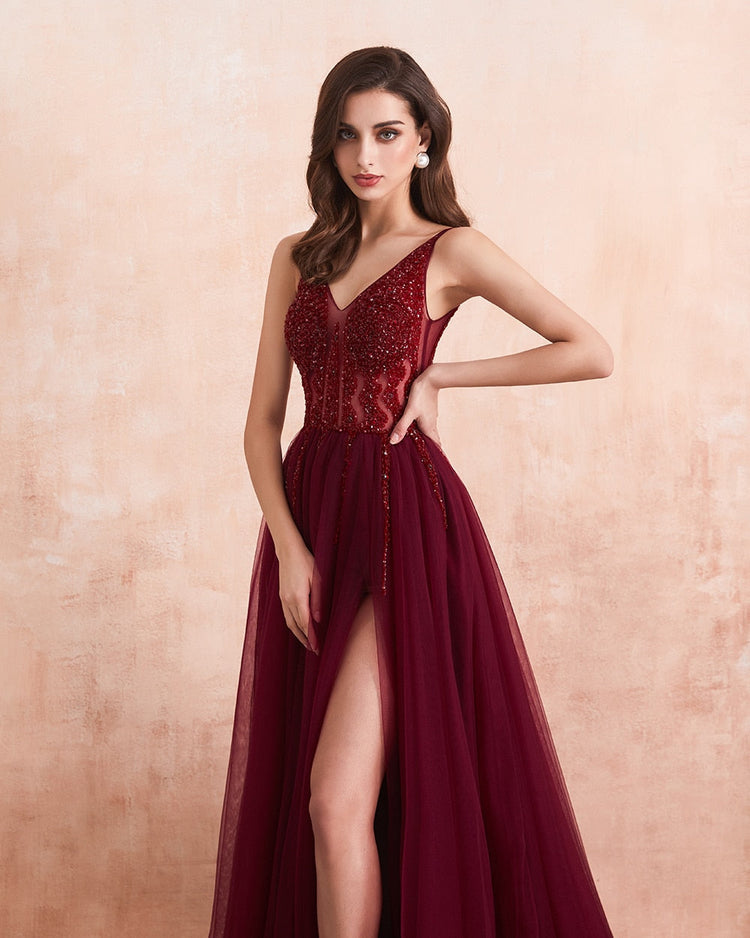 Vestido de Festa Longo Marsala em Tule com Detalhes em Cristais (Pronta Entrega)