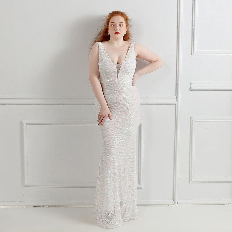Vestido de Festa Longo em Lanon Detalhado em Paetês Branco (Pronta Entrega)