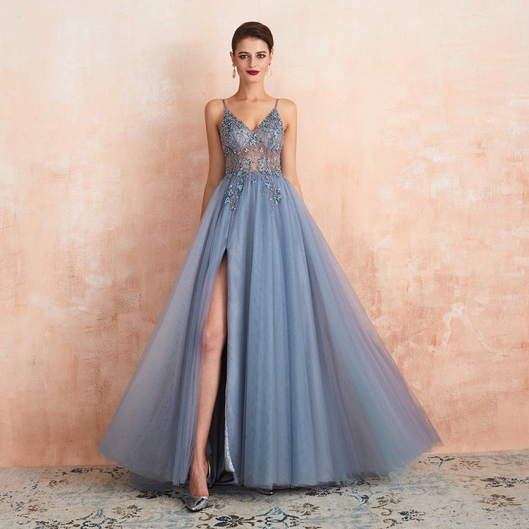 Vestido de Festa Luxo com Decoração em Cristais Florais (Pronta Entrega)