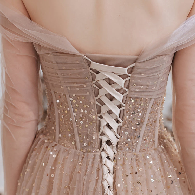 Vestido de Festa Longo em Tule Brilho Marfim (Pronta Entrega)