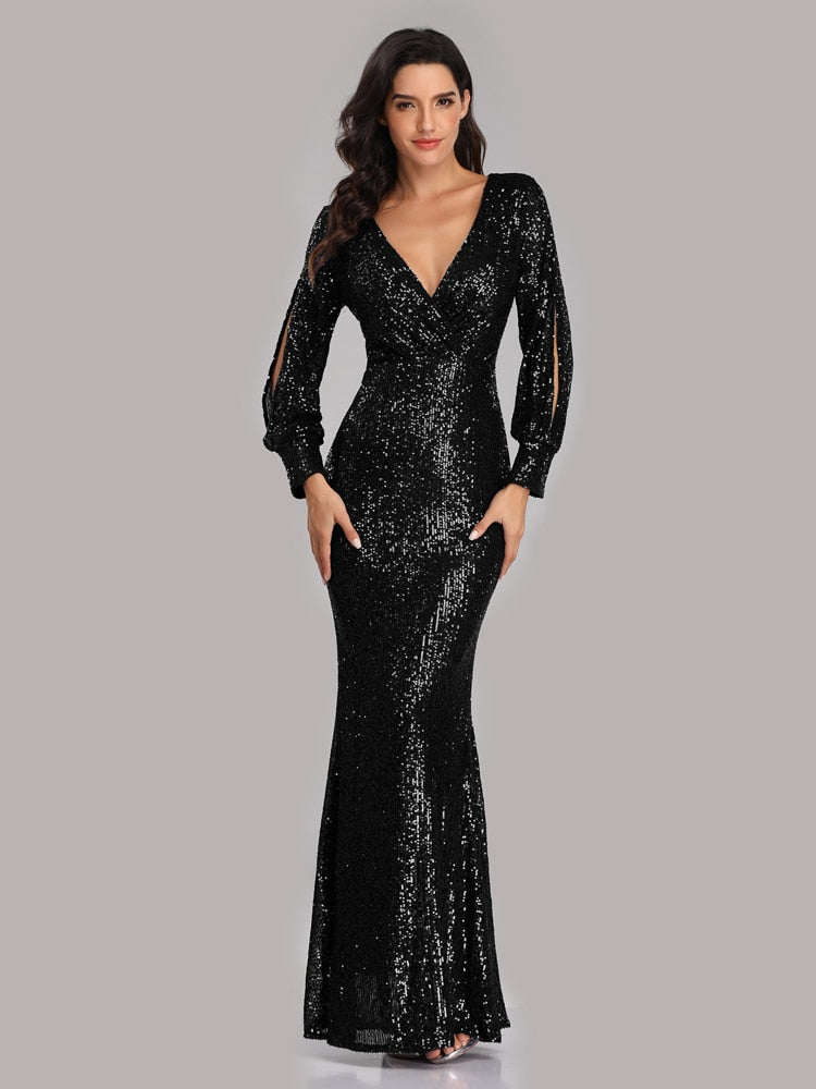 Vestido de Festa Longo todo Detalhado em Paetês Preto (Pronta Entrega)