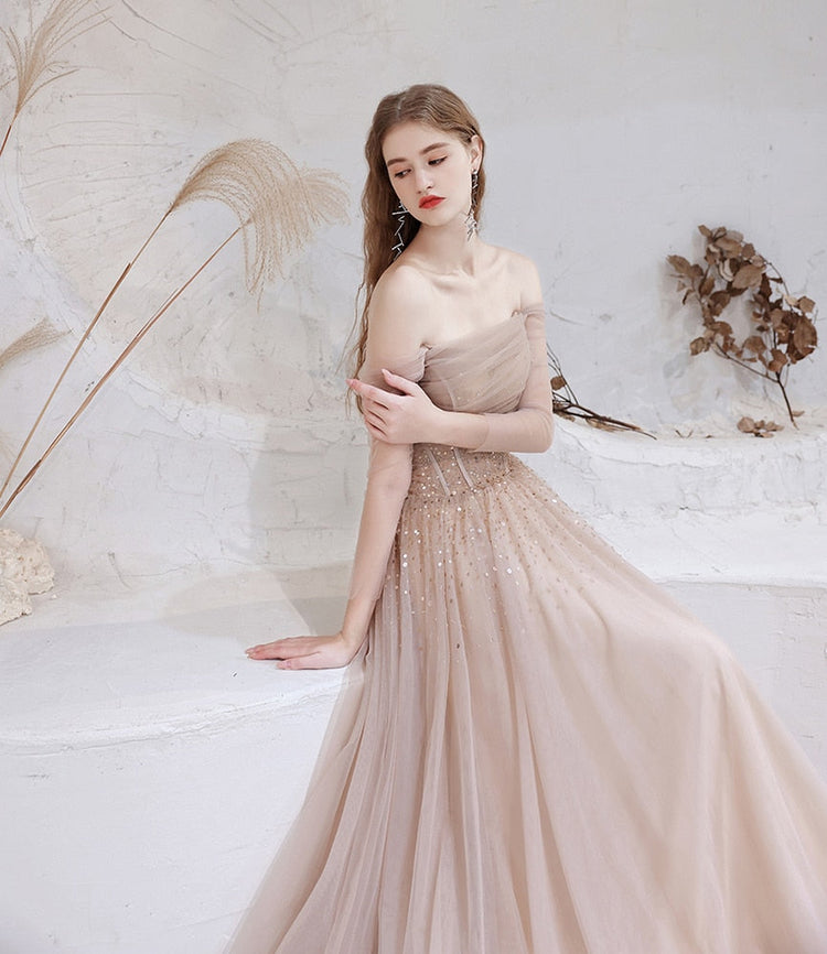 Vestido de Festa Longo em Tule Brilho Marfim (Pronta Entrega)