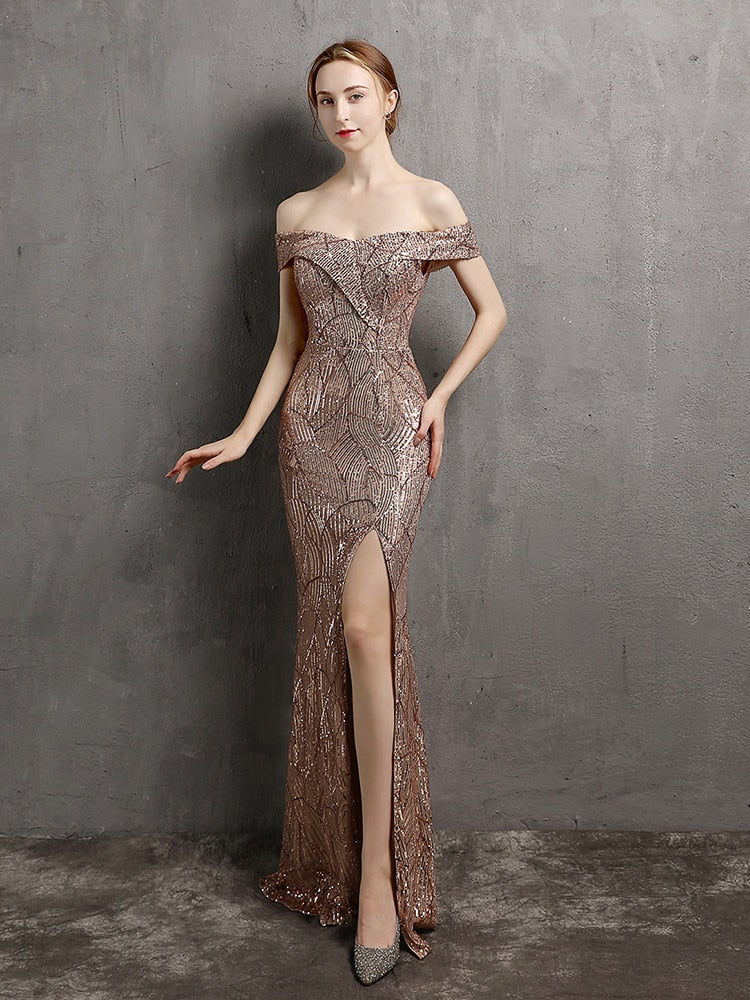 Vestido de Festa Longo com Abertura Lateral em Chiffon Dourado (Pronta Entrega)