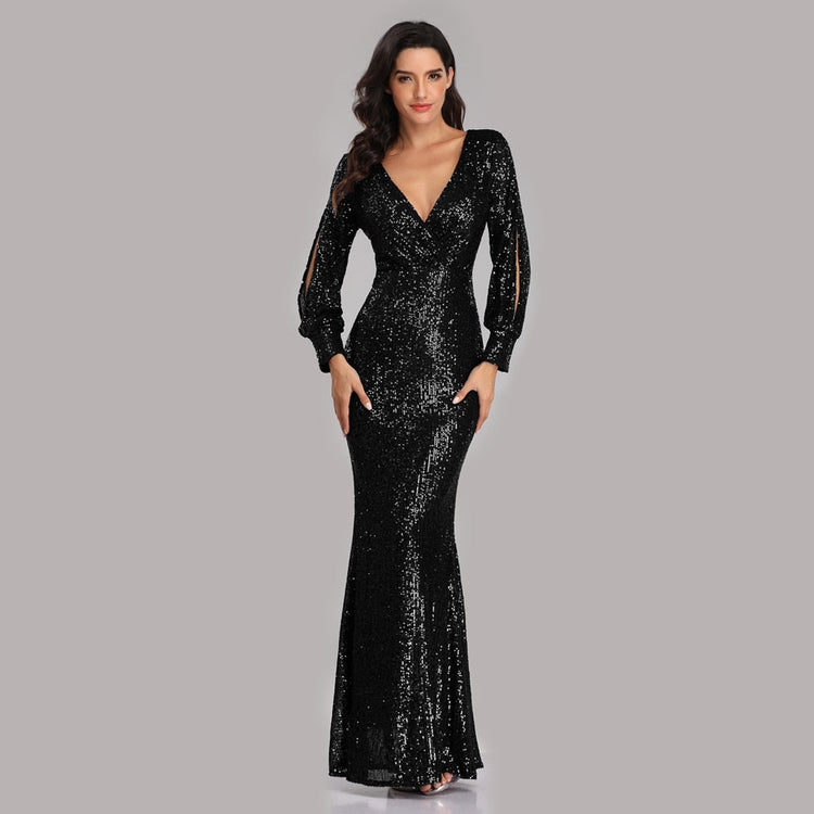Vestido de Festa Longo todo Detalhado em Paetês Preto (Pronta Entrega)
