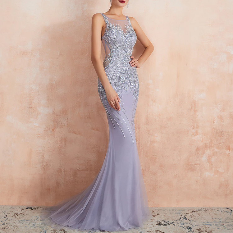 Vestido de Festa Longo Sereia com Detalhes em Tule Lilás (Pronta Entrega)
