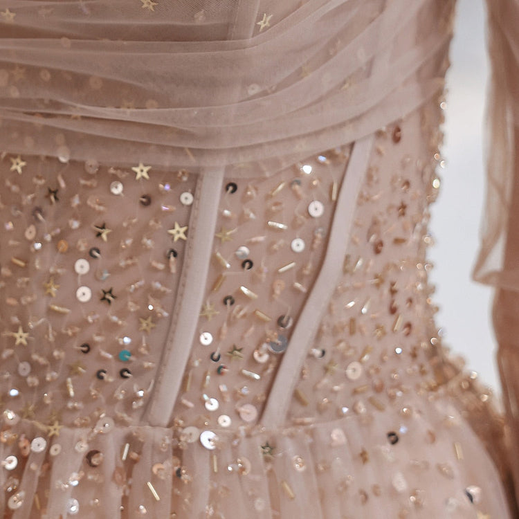 Vestido de Festa Longo em Tule Brilho Marfim (Pronta Entrega)