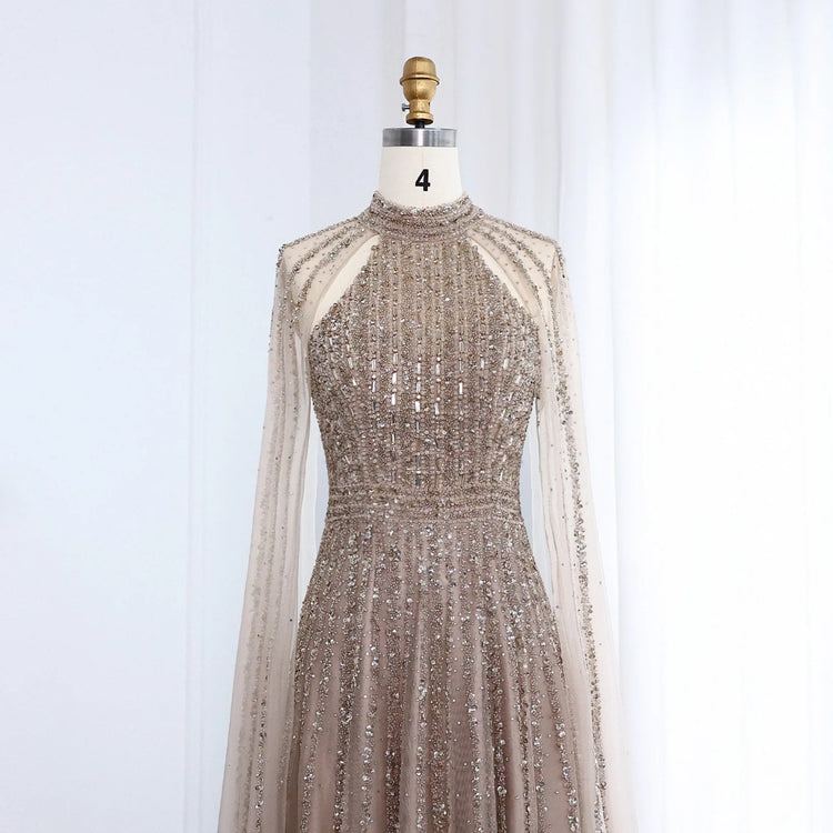 Vestido de Festa Luxo Longo com Manga Capa Beauty