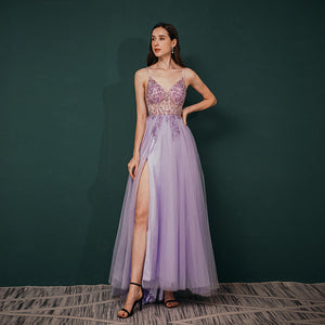 Vestido de Festa Brilho Longo com Alça Lavanda (Pronta Entrega)