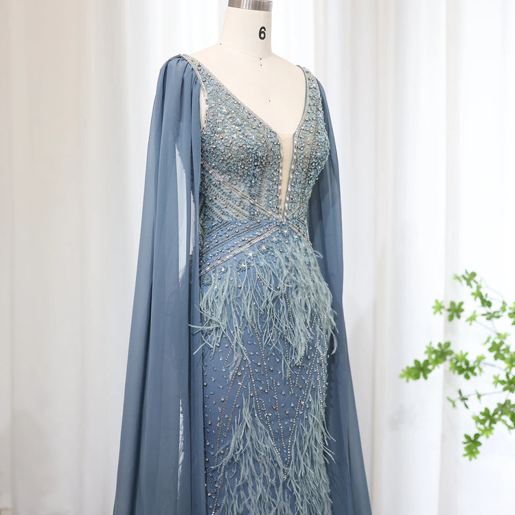 Vestido de Festa Sereia com Manga Capa Longo Exuberante - Modelo Especial