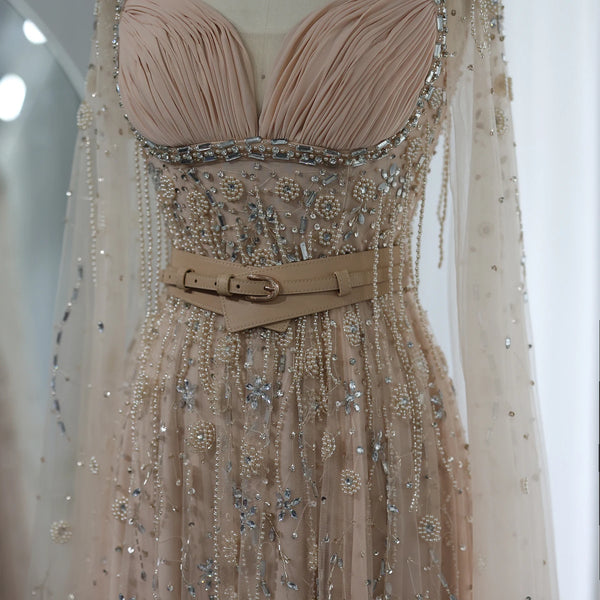 Vestido de Festa com Cristais e Pérolas Longo Luxo Champanhe - Modelo Especial