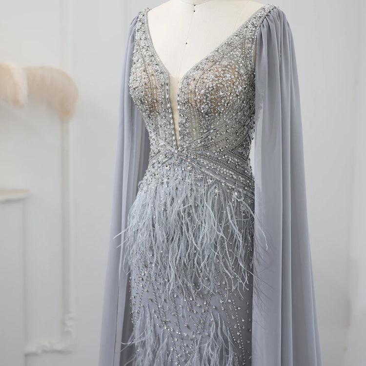 Vestido de Festa Sereia com Manga Capa Longo Exuberante - Modelo Especial