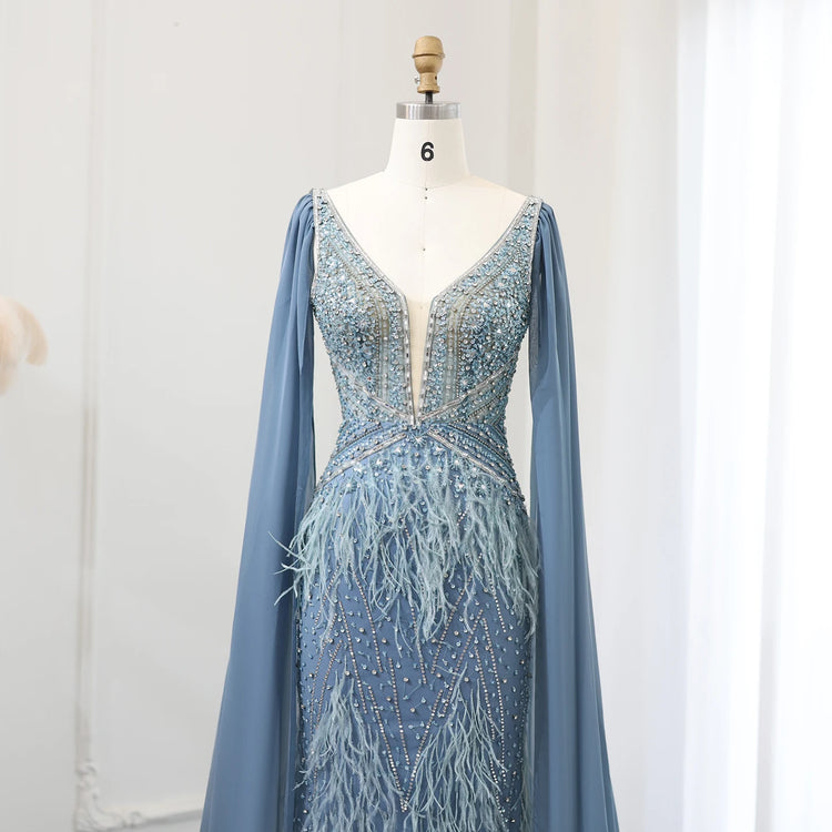 Vestido de Festa Sereia com Manga Capa Longo Exuberante - Modelo Especial