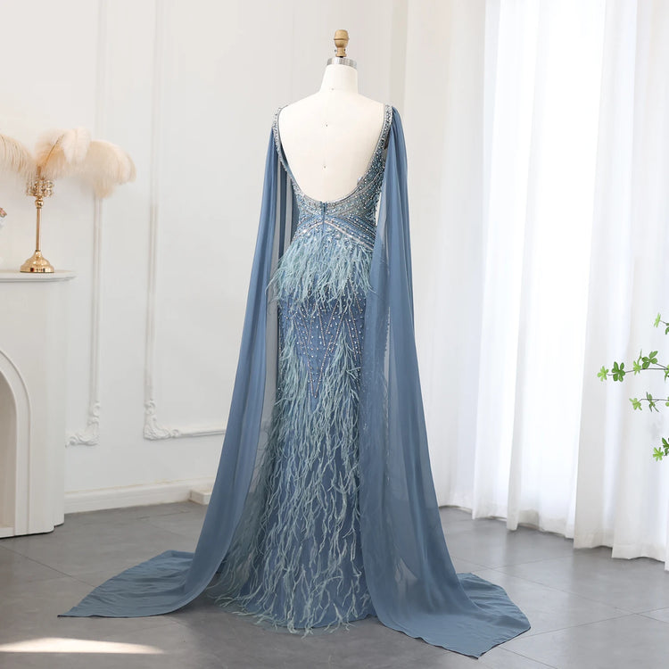 Vestido de Festa Sereia com Manga Capa Longo Exuberante - Modelo Especial
