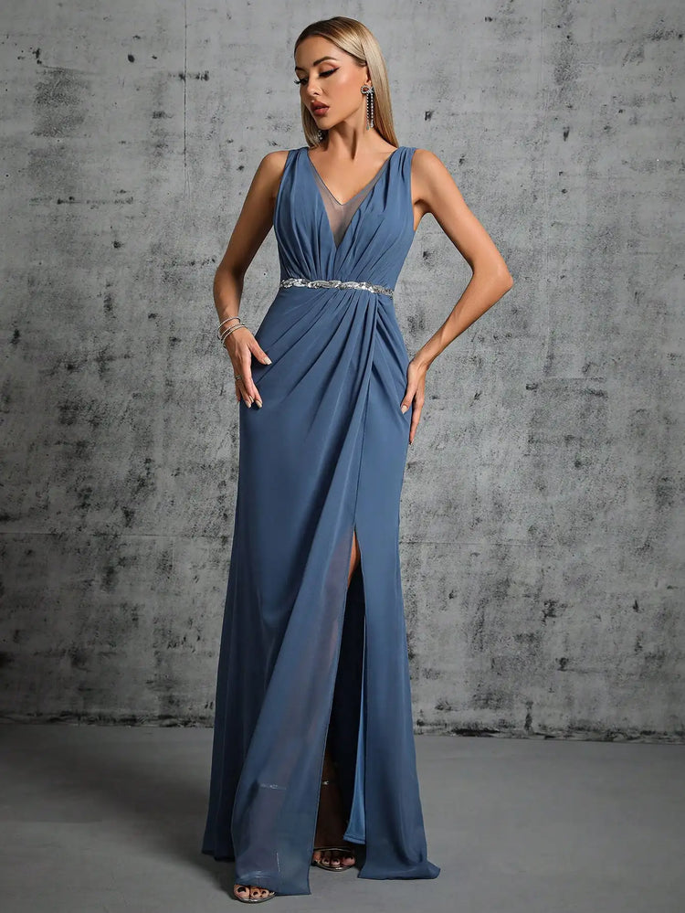 Vestido de Festa Longo com Abertura Lateral Azul