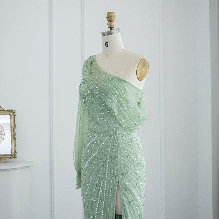 Vestido de Festa Longo com Manga Única Detalhado - Modelo Especial (Pronta Entrega)