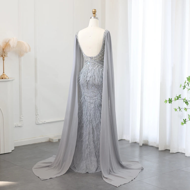 Vestido de Festa Sereia com Manga Capa Longo Exuberante - Modelo Especial