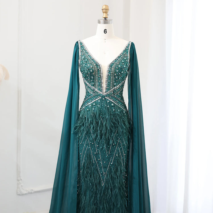 Vestido de Festa Sereia com Manga Capa Longo Exuberante - Modelo Especial