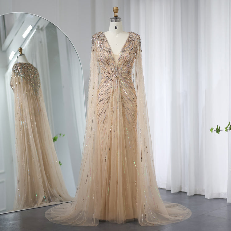 Vestido de Festa Maxi Luxo Adornado em Cristais com Capa Detalhada - Modelo Especial