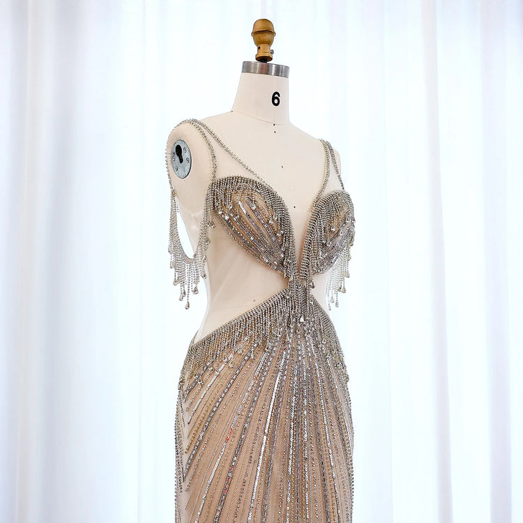 Vestido de Festa Longo com Cristais Butterfly Champanhe