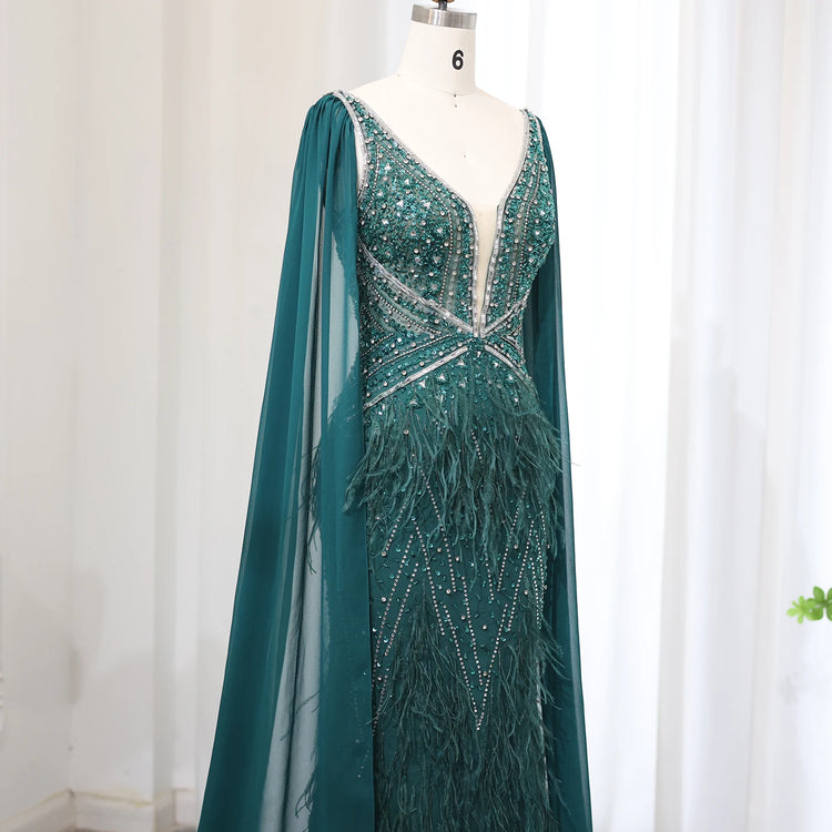 Vestido de Festa Sereia com Manga Capa Longo Exuberante - Modelo Especial