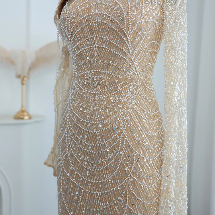 Vestido de Festa Luxo Decorado com Pérolas e Ombro Assimétrico