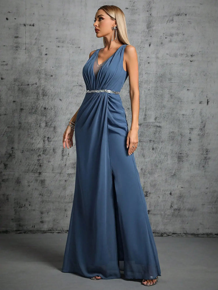 Vestido de Festa Longo com Abertura Lateral Azul