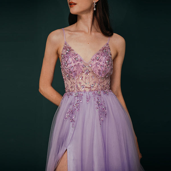 Vestido de Festa Brilho Longo com Alça Lavanda (Pronta Entrega)