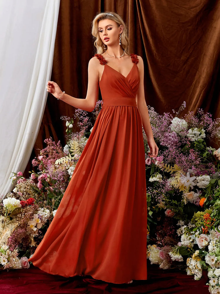 Vestido de Festa Longo Elegante Terracota com Flores