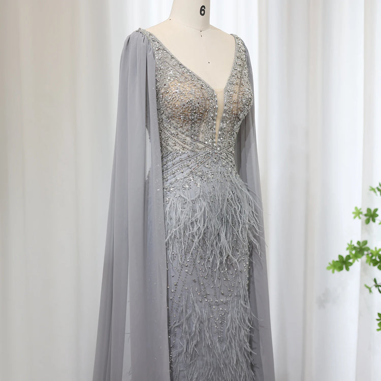 Vestido de Festa Sereia com Manga Capa Longo Exuberante - Modelo Especial