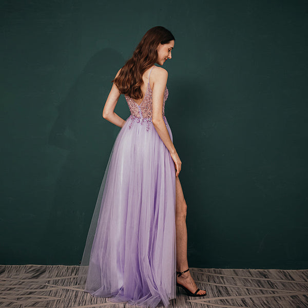 Vestido de Festa Brilho Longo com Alça Lavanda (Pronta Entrega)