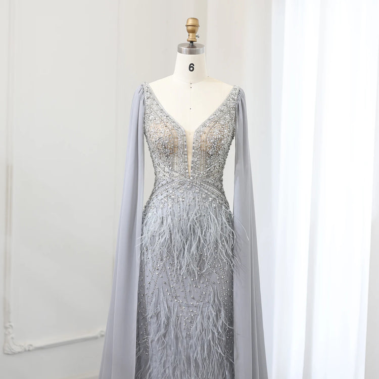 Vestido de Festa Sereia com Manga Capa Longo Exuberante - Modelo Especial