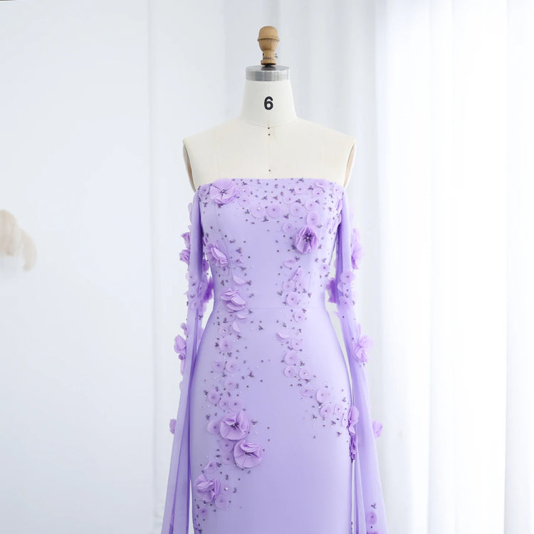 Vestido de Festa Lilás Elegante com Flores 3D e Capa com Mangas Fluídas