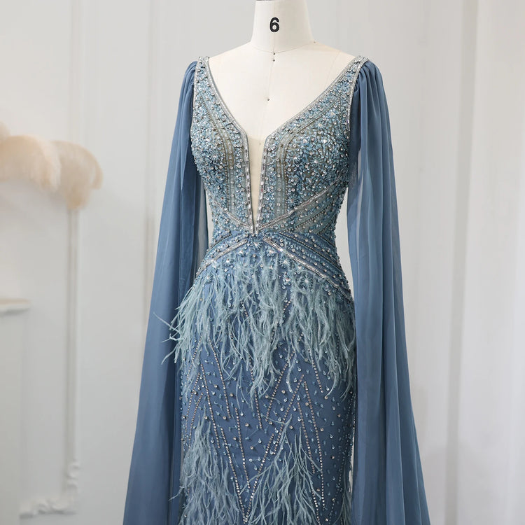 Vestido de Festa Sereia com Manga Capa Longo Exuberante - Modelo Especial
