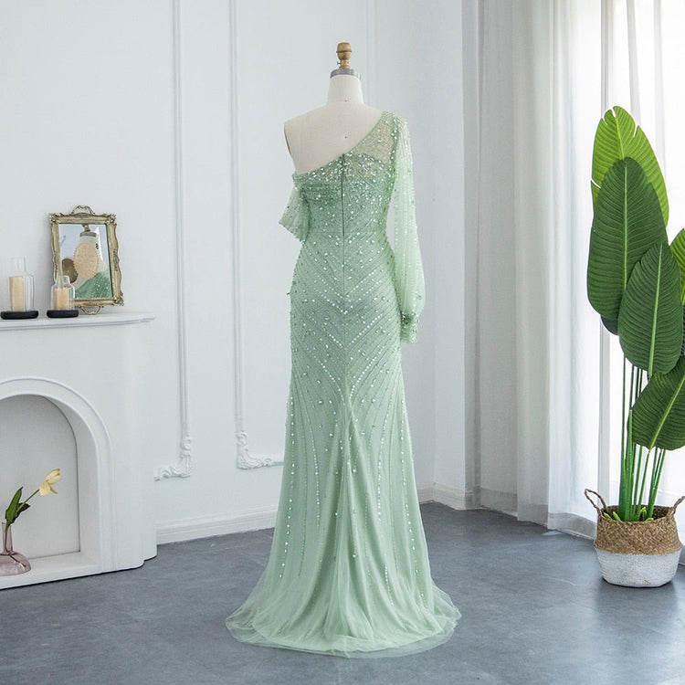 Vestido de Festa Longo com Manga Única Detalhado - Modelo Especial (Pronta Entrega)