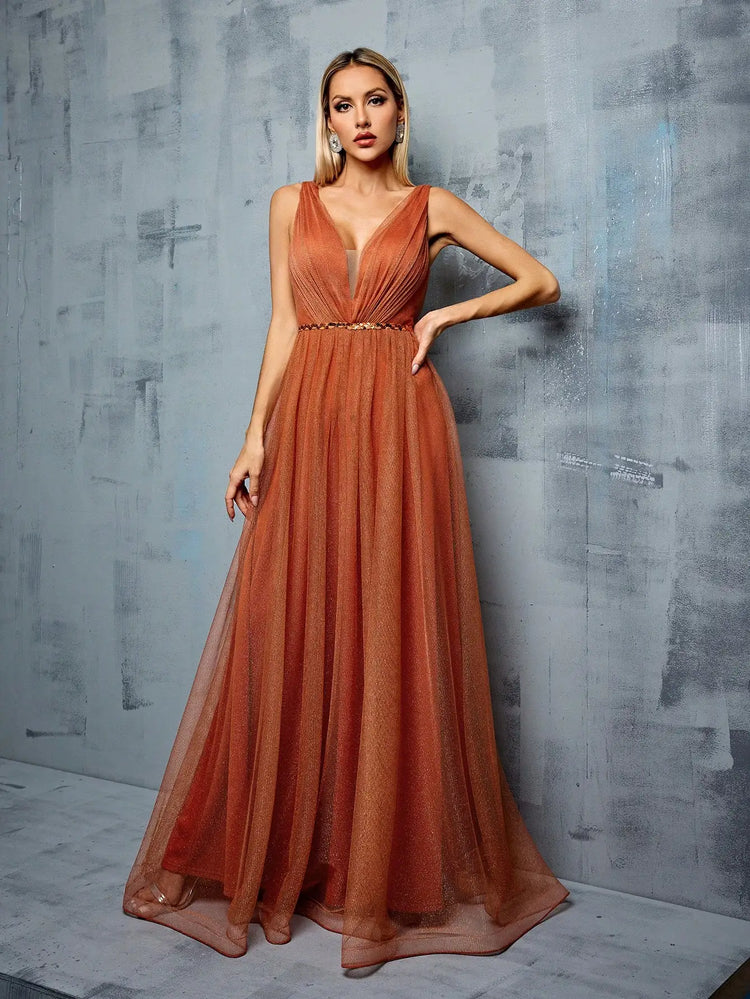 Vestido de Festa Longo Terracota V com Renda e Alça