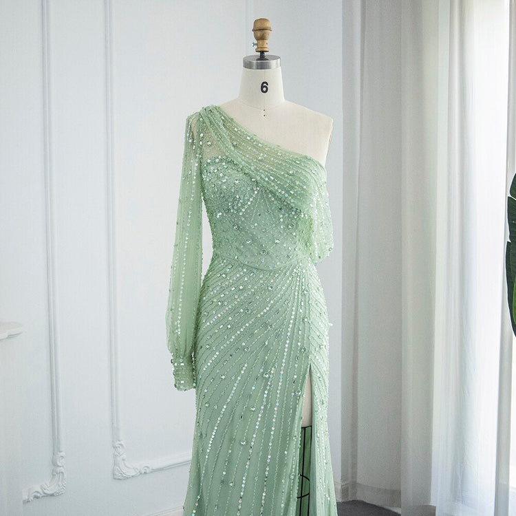Vestido de Festa Longo com Manga Única Detalhado - Modelo Especial (Pronta Entrega)