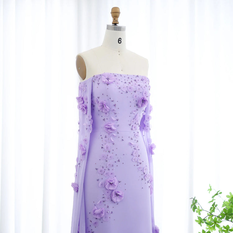Vestido de Festa Lilás Elegante com Flores 3D e Capa com Mangas Fluídas