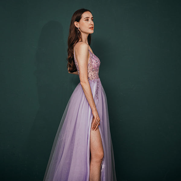 Vestido de Festa Brilho Longo com Alça Lavanda (Pronta Entrega)