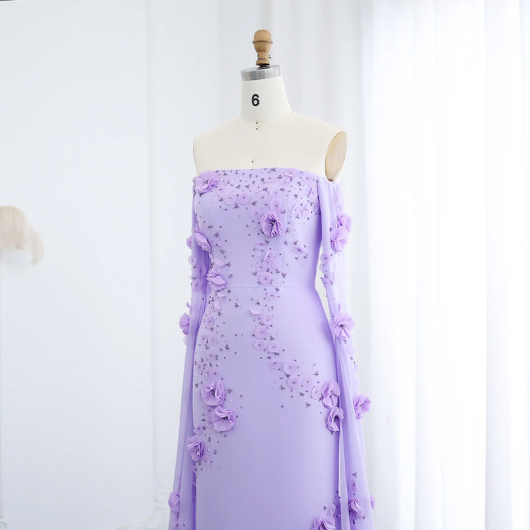 Vestido de Festa Lilás Elegante com Flores 3D e Capa com Mangas Fluídas