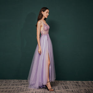 Vestido de Festa Brilho Longo com Alça Lavanda (Pronta Entrega)