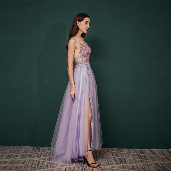 Vestido de Festa Brilho Longo com Alça Lavanda (Pronta Entrega)
