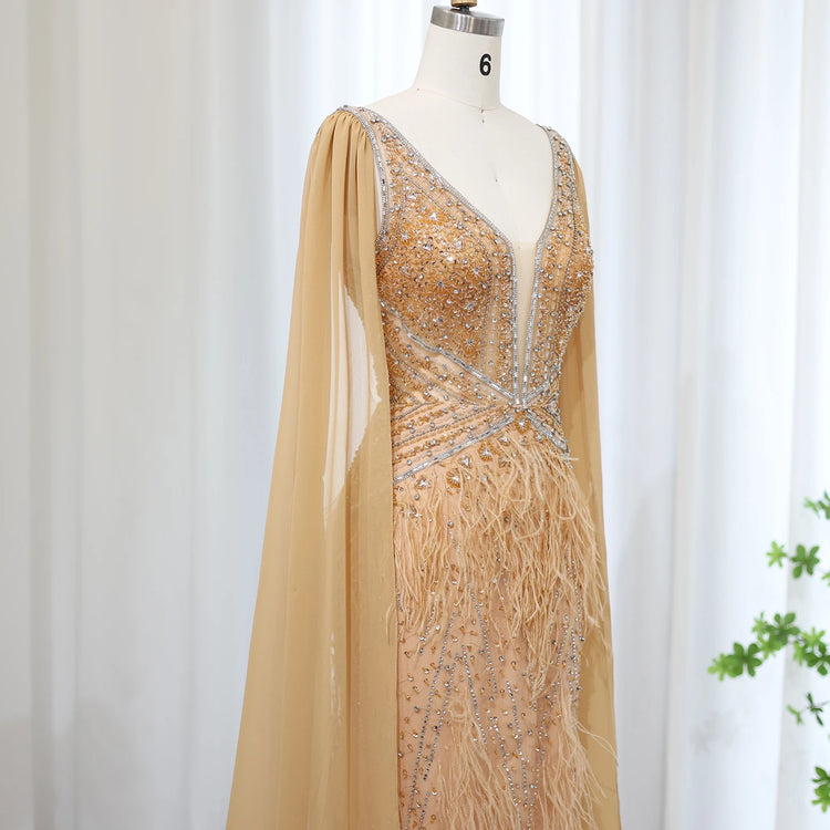 Vestido de Festa Sereia com Manga Capa Longo Exuberante - Modelo Especial