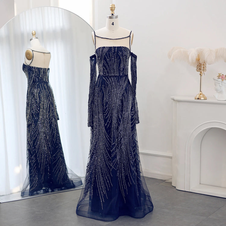 Vestido de Festa com Mangas Longas e Pedrarias