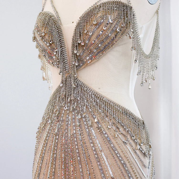 Vestido de Festa Longo com Cristais Butterfly Champanhe