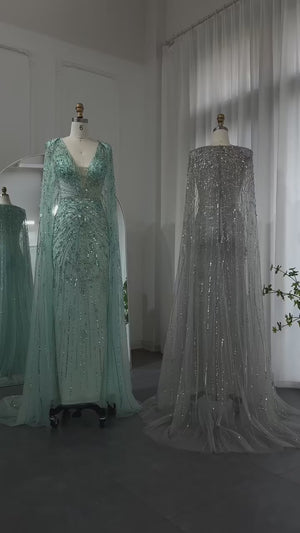 Vestido de Festa Luxuoso com Pedraria e Capa - Modelo Especial