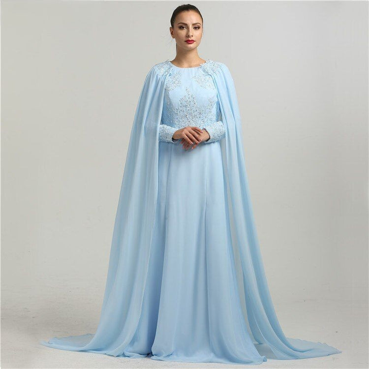 Vestido de Festa Longo Bordado com Capa Azul Elegante - Modelo Especial