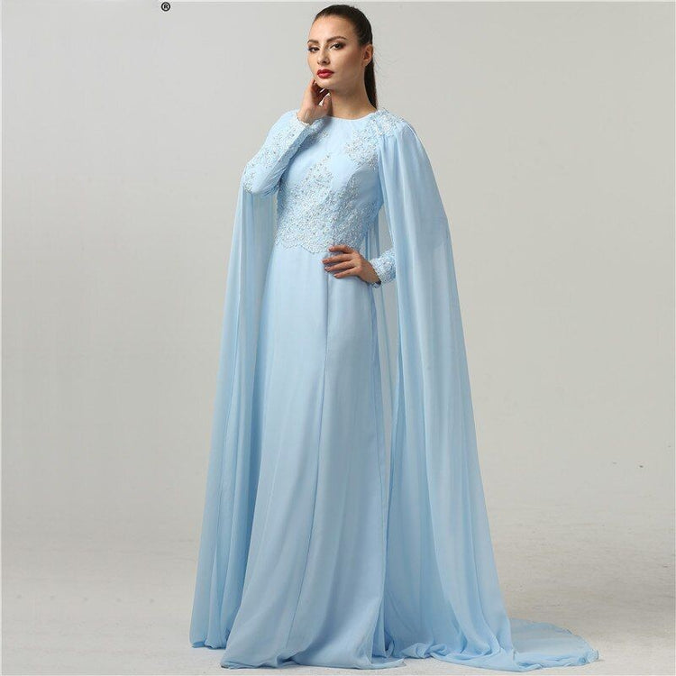 Vestido de Festa Longo Bordado com Capa Azul Elegante - Modelo Especial